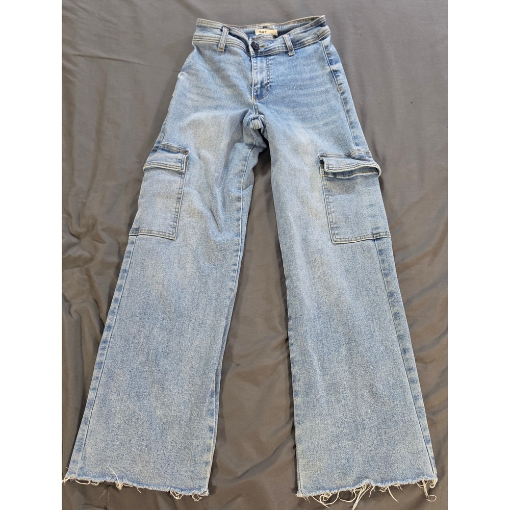 OAT New York Cargo Jeans Light Wash Wide Leg Raw Hem Blue Denim Size 2/26